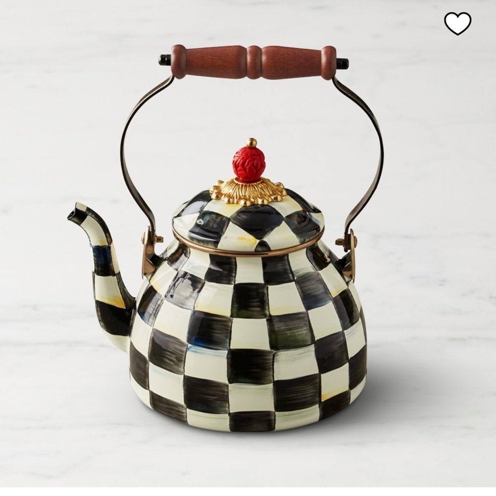 MacKenzie-Childs Courtly Check Tea Kettle Checkered Teapot Wooden Handle 3qt - Picture 2 of 5